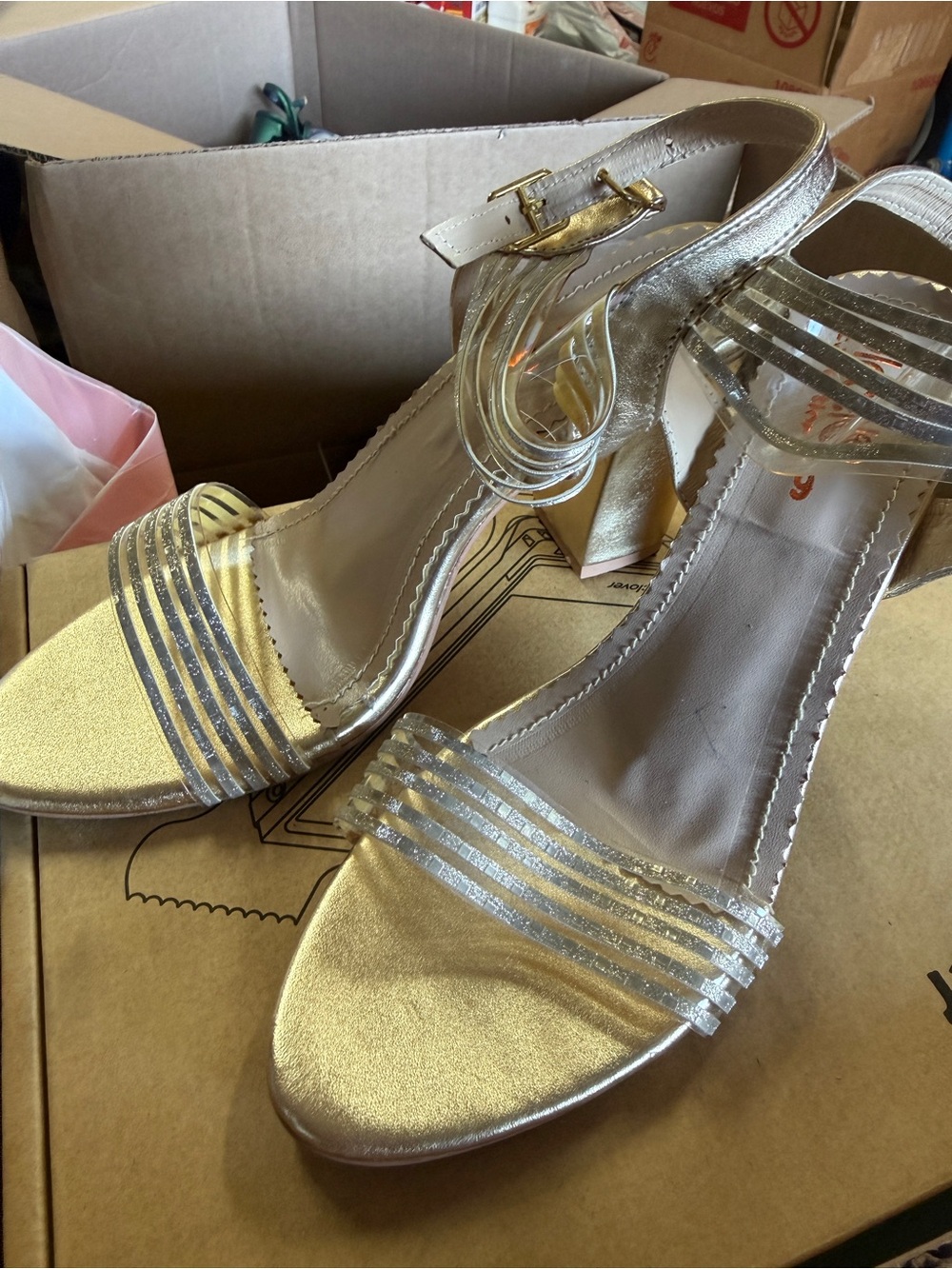 Metallic Gold Women's Strappy Block Heel Sandals